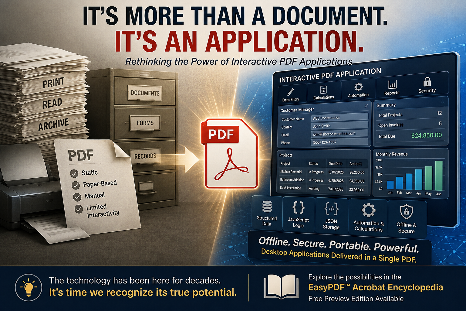 Split Image Showing Stack of Paper, Printer, Filing Cabinet &mdash; Left-Side