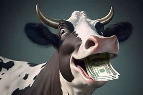Gurnsey cow with dollar bills in mouth