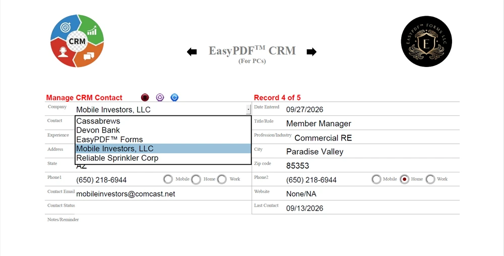 EasyPDF™ CRM Form Business/Company Name Drop-Down List