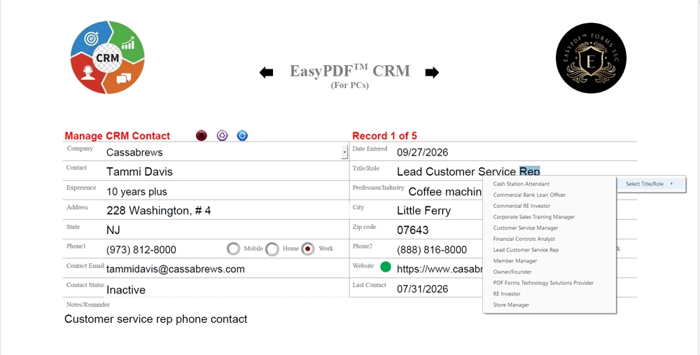 Sample EasyPDF™ CRM Form - title drop-down list