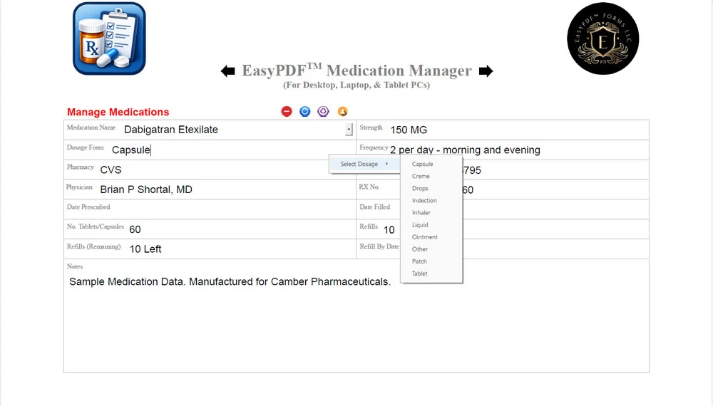 Screenshot of EasyPDF™ Medication Manager Dosage Form Dropdown List