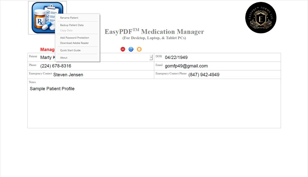Screenshot of EasyPDF™ Medication Manager Navigation Menu