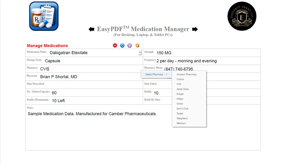Screenshot of EasyPDF™ Medication Manager Pharmacy Name Dropdown List