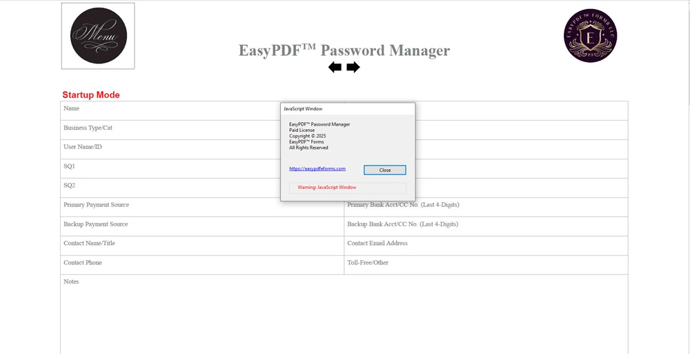EasyPDF™ Password Manager About Dialog Box