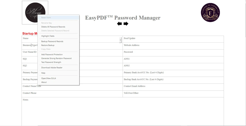 EasyPDF™ Password Manager navigation popup menu