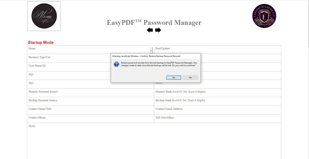 EasyPDF™ Password Manager Restore Password Records