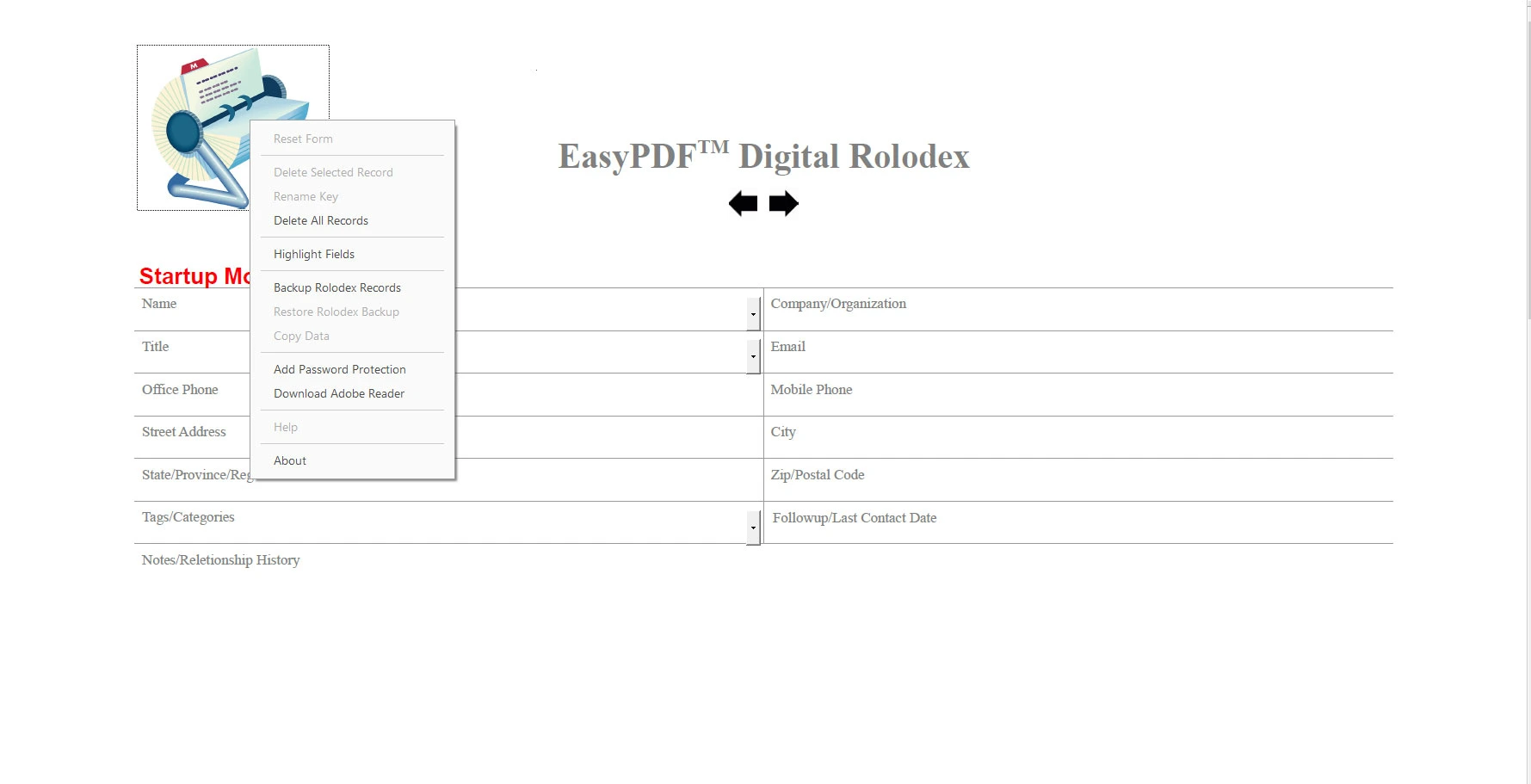 EasyPDF™ Digital Rolodex popup menu with selectable form options