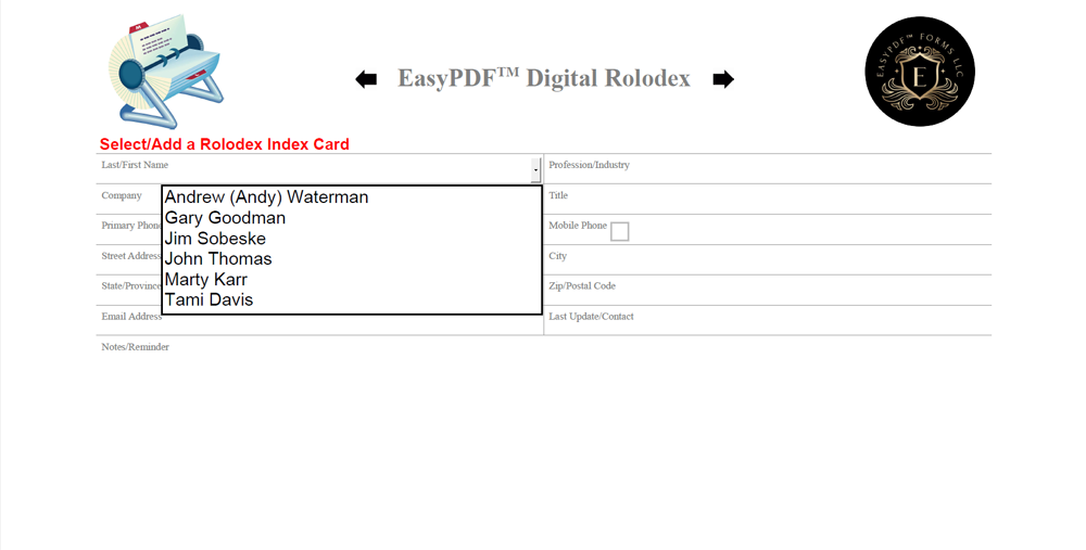 EasyPDF™ Digital Rolodex Contact Name List