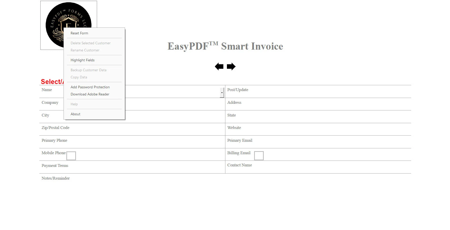 EasyPDF™ Smart Invoice - Popup Navigation Menu