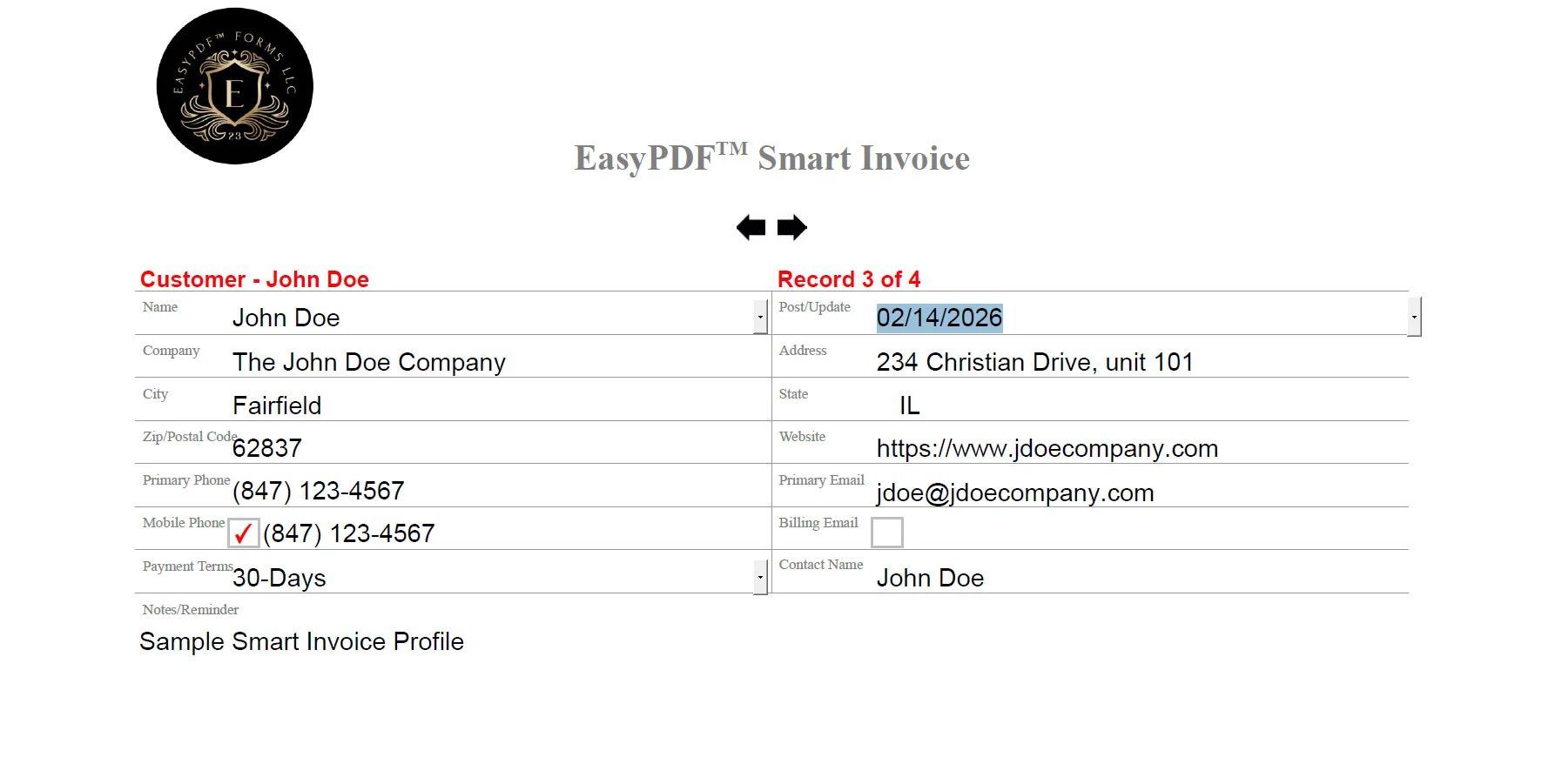 EasyPDF™ Smart Invoice - Sample Customer Profile