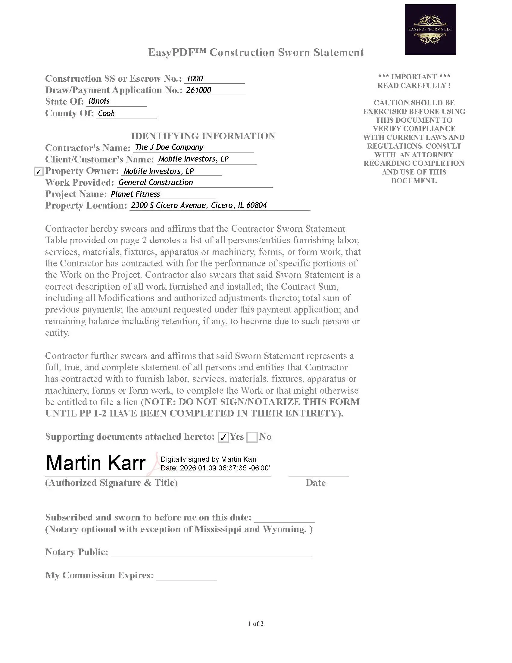 Showing digitally signed contractor sworn statement identifying information 