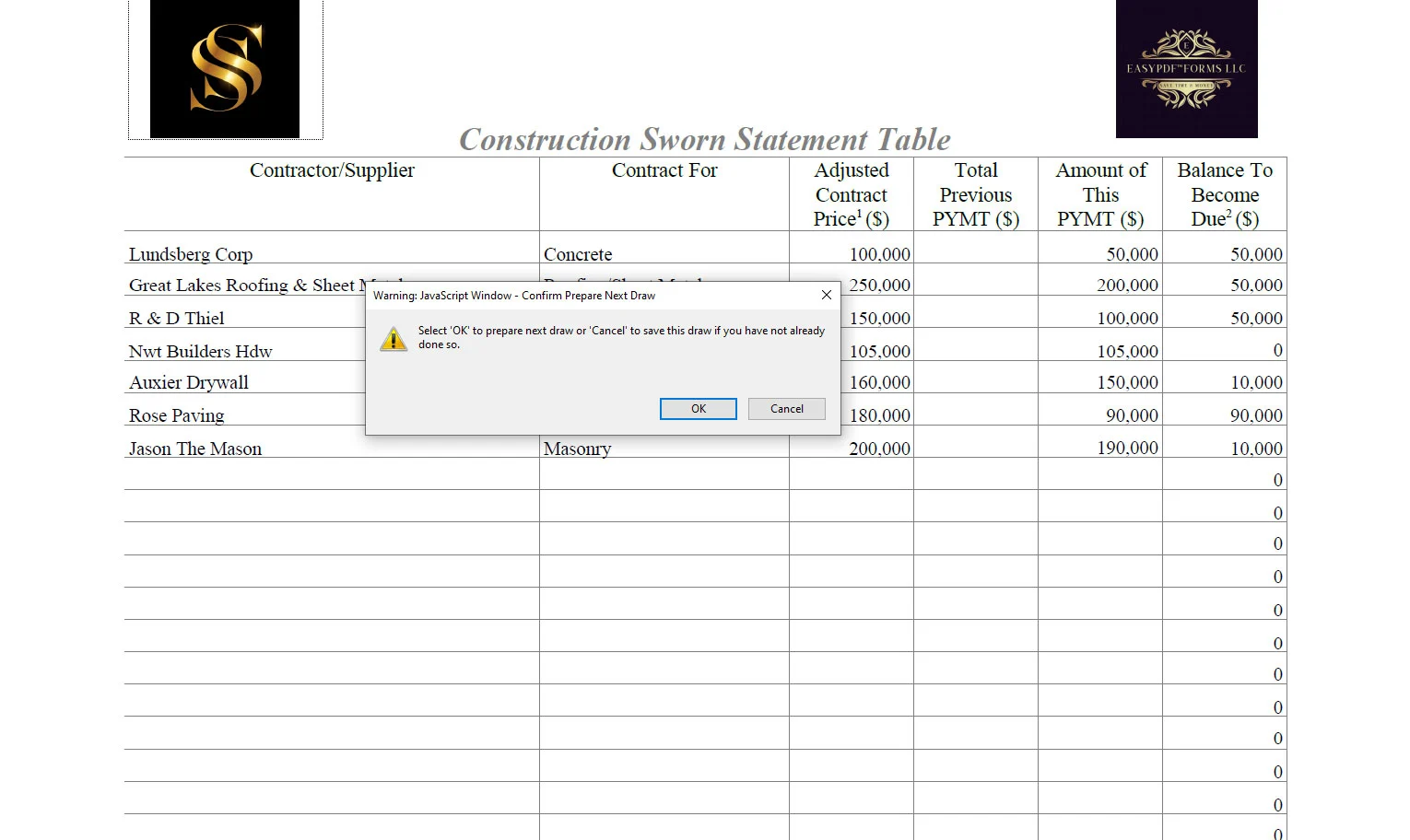 Contractor sworn statement showing menu item to click to prepare 2nd draw