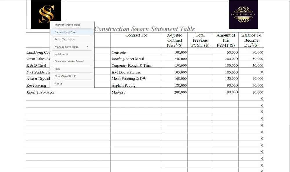 Contractor sworn statement showing navigation menu