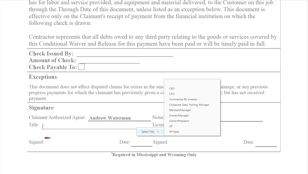 Conditional lien waiver select title from drop-down list