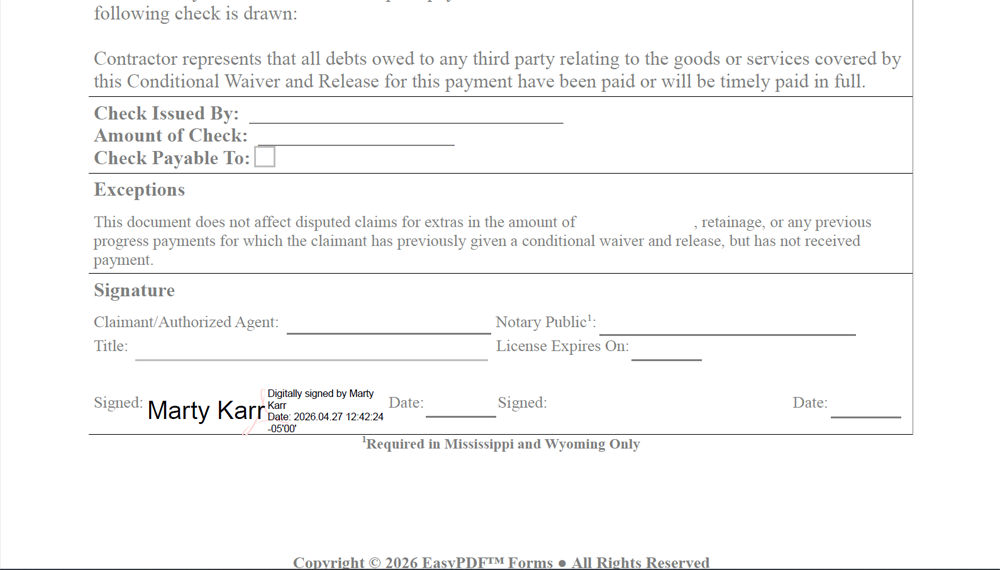 Conditional lien waiver digital signature field feature