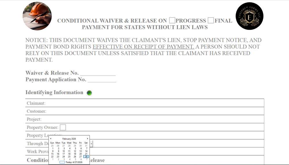 Conditional lien waiver with popup calendar