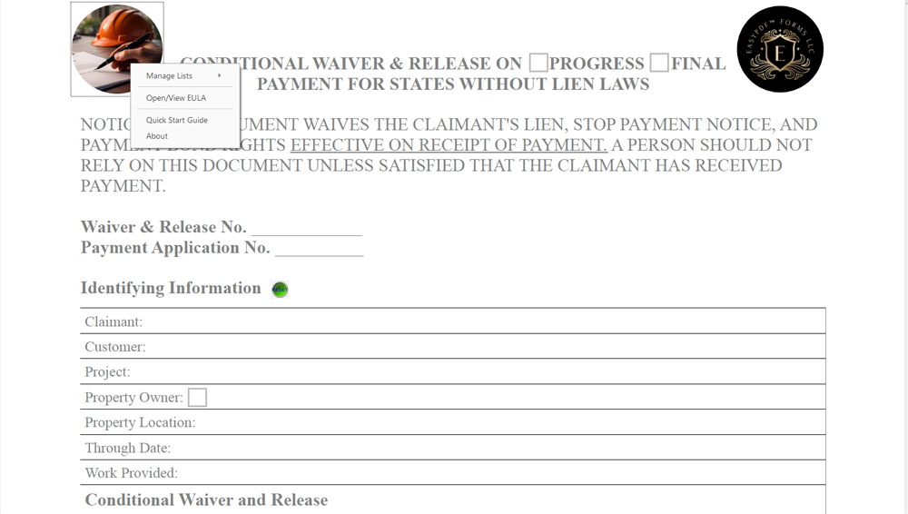 Conditional lien waiver typical navigation menu