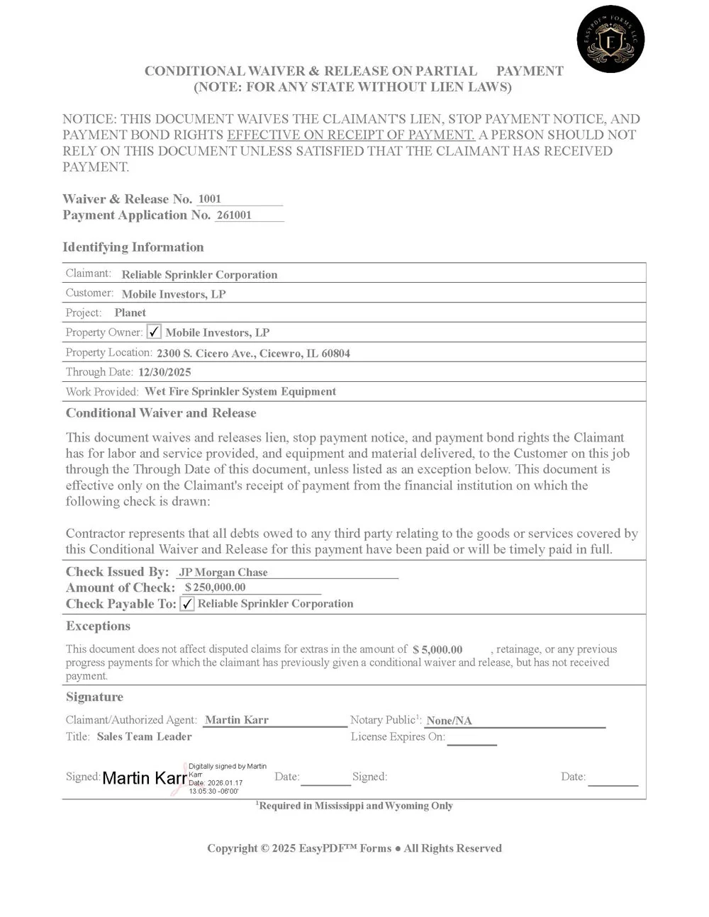 EasyPDF™ Lien Waiver For All States Without Lien Laws