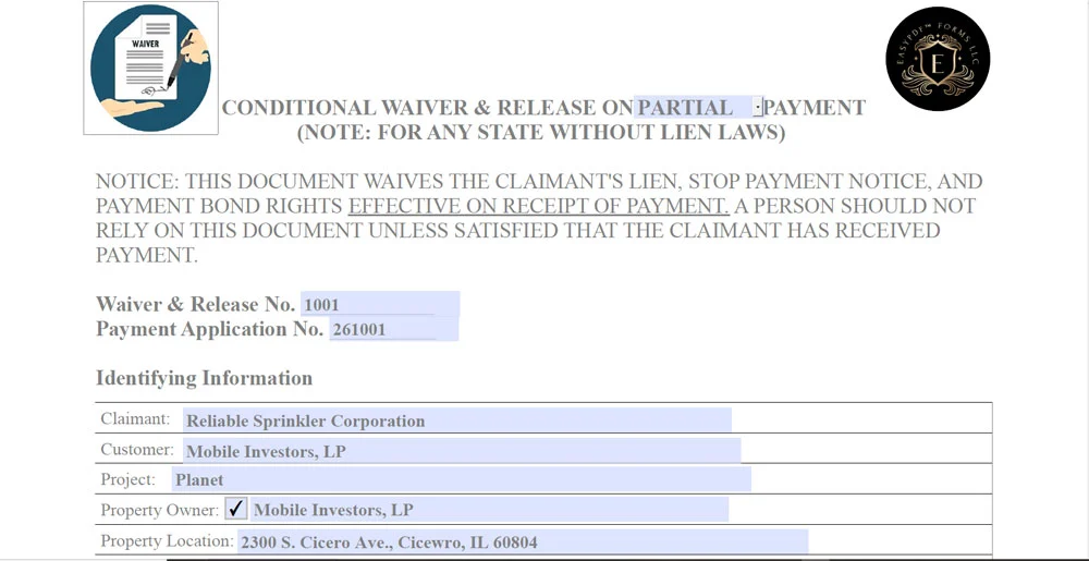 Conditional lien waiver and release form with highlighted input fields