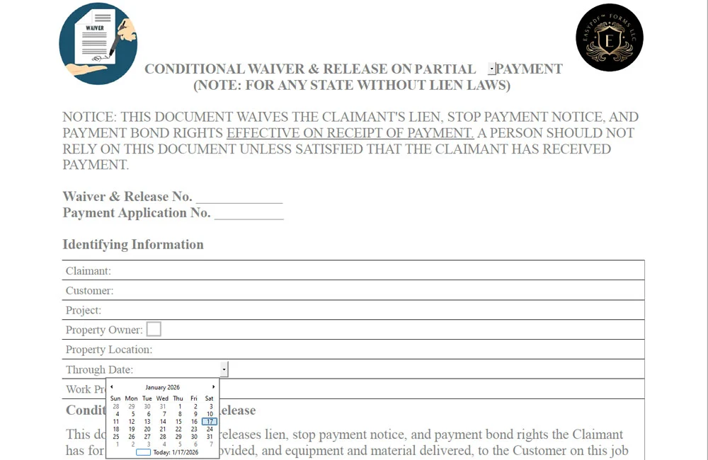 Conditional lien waiver and release form with popup calendar date selector