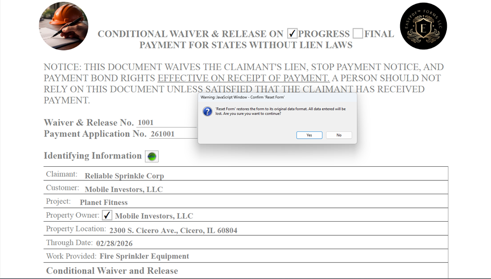 Conditional lien waiver reset/clear form feature